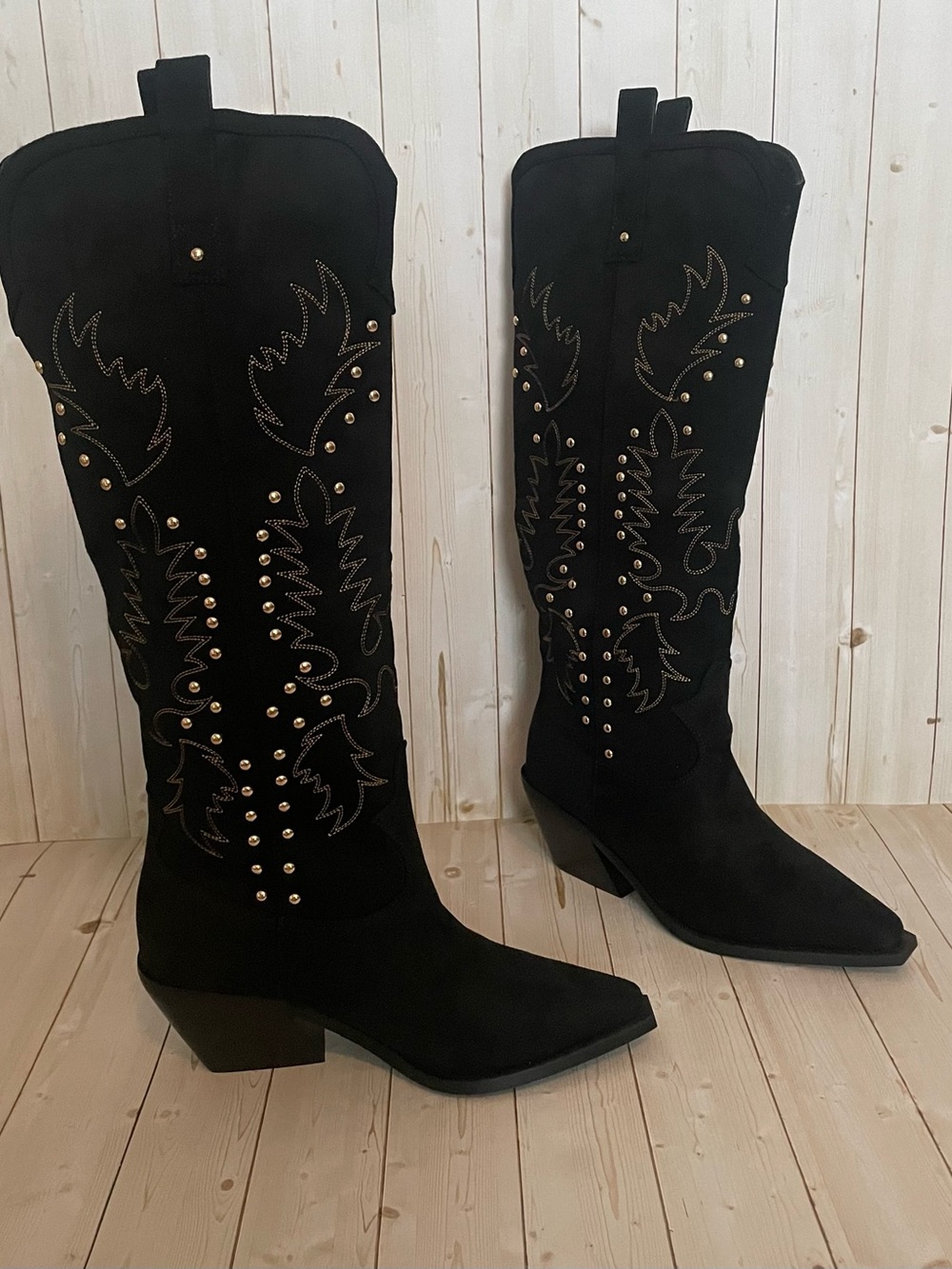 Azalea Wang Western Stud Embellished Knee-High Boots Black
